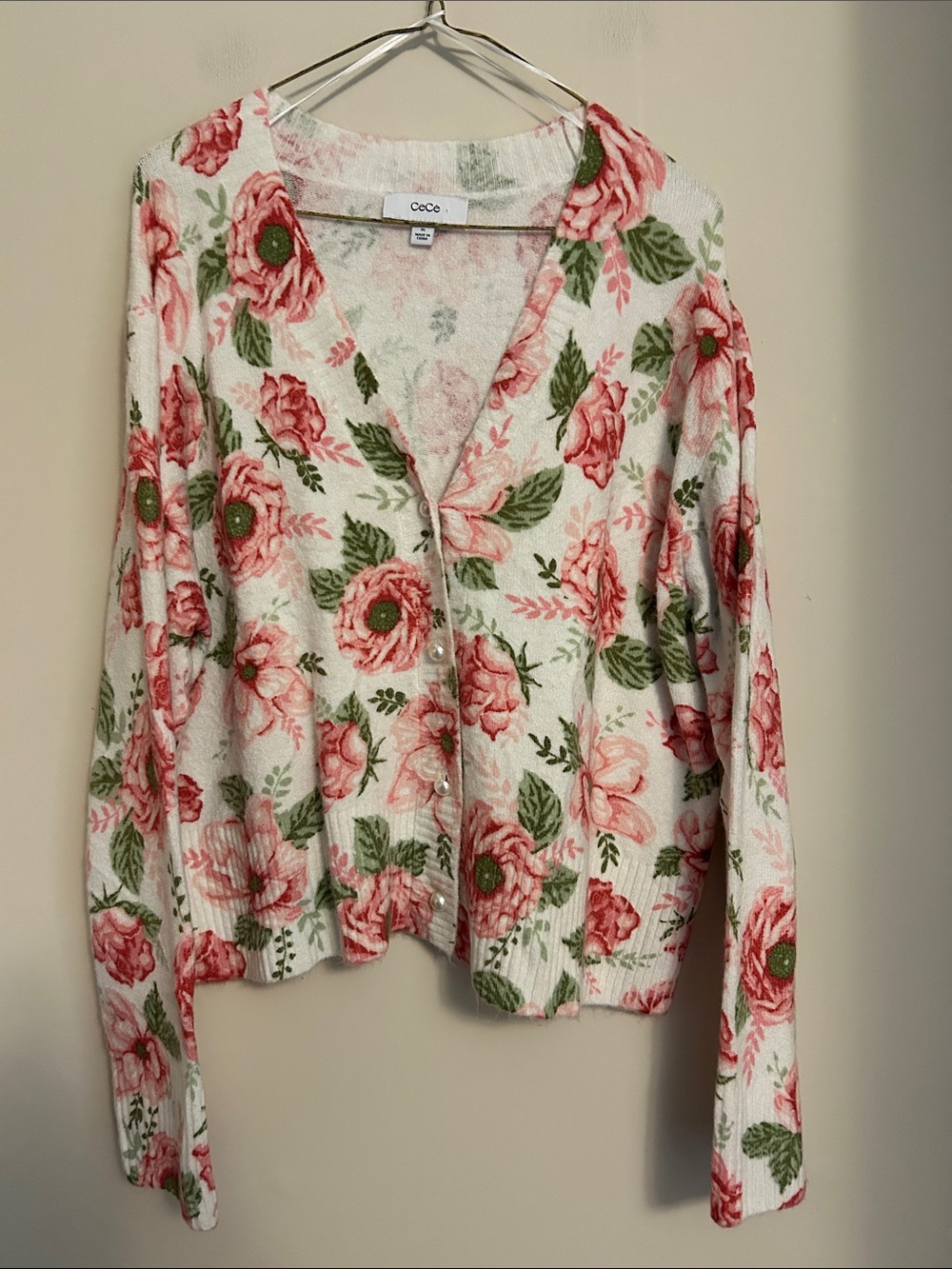 Cece button front Vneck rose printed acrylic/nylon cardigan ribbed cuffs size XL